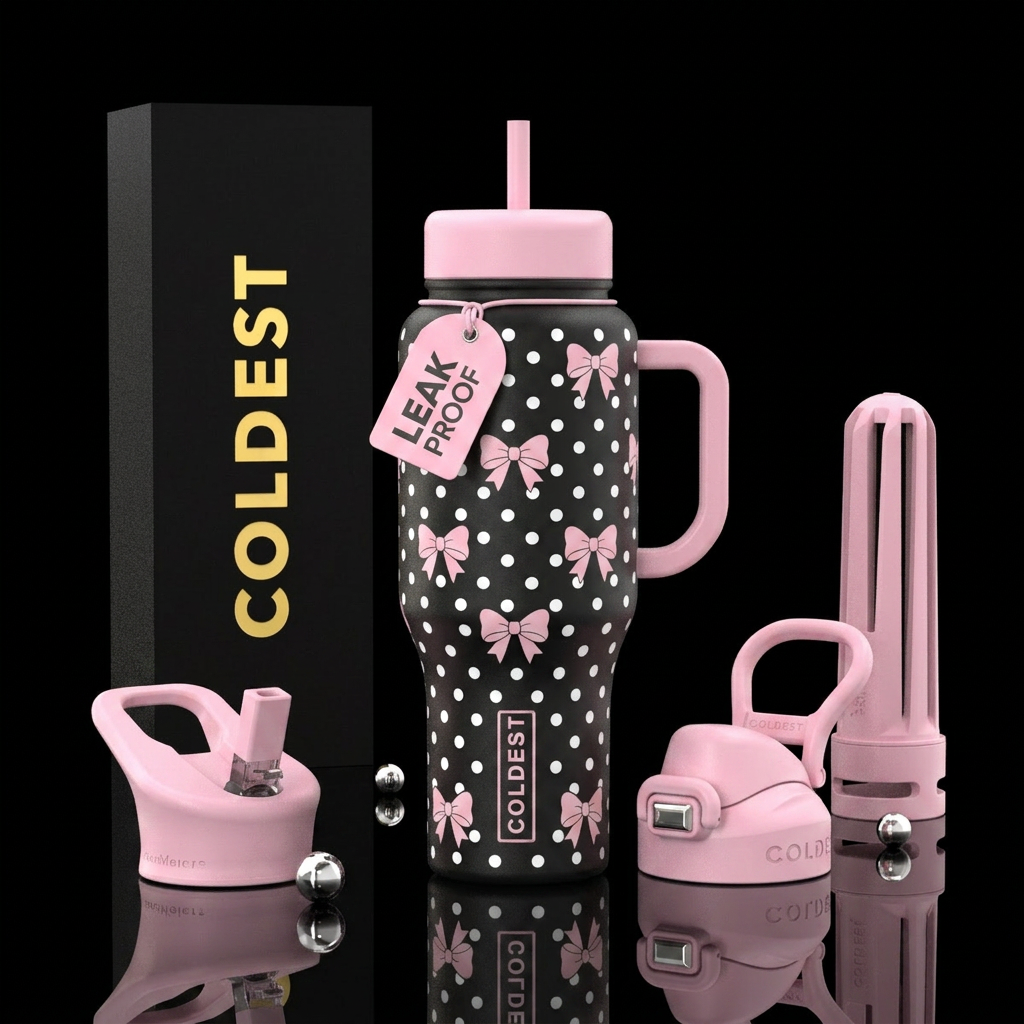 Black bottle with white poke a dots, with light pi... water bottle design