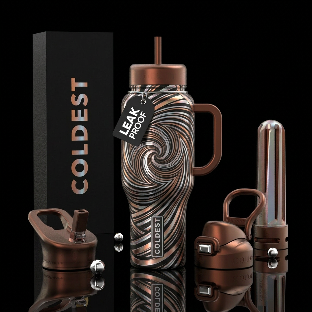 modern, black, Cooper, sliver,, irridescent, spira... water bottle design