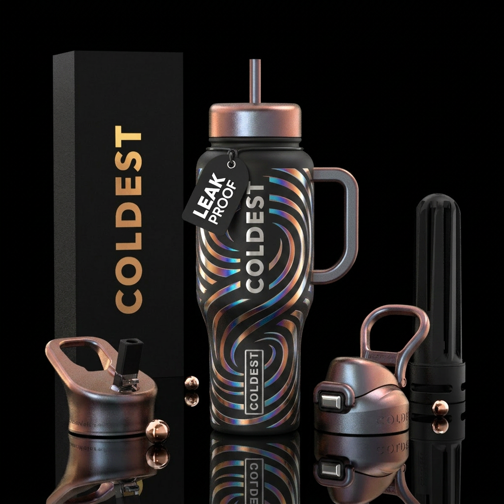 modern, black, Cooper, sliver,, irridescent, spira... water bottle design