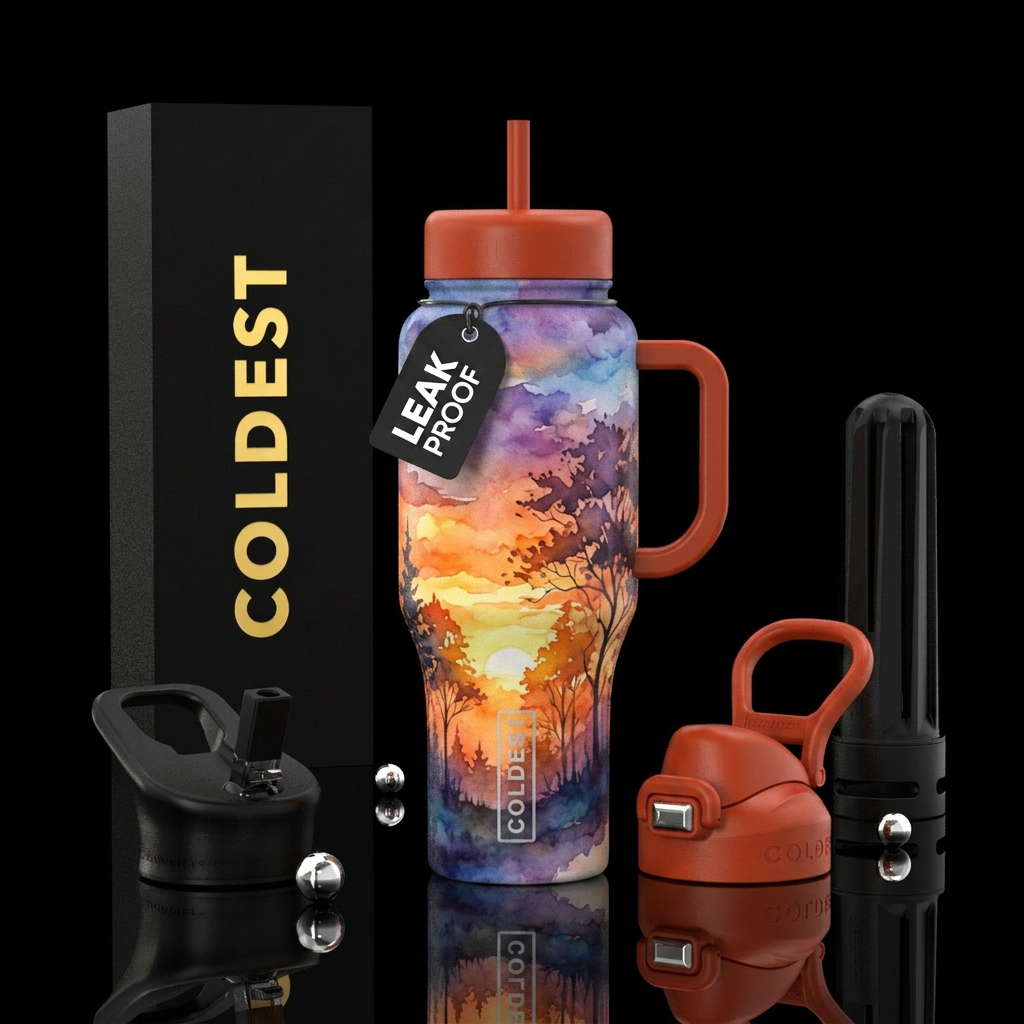 sunset, trees, beautiul, watercolor water bottle design
