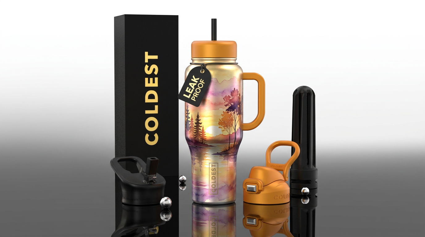 sunset, trees, beautiul, watercolor water bottle design