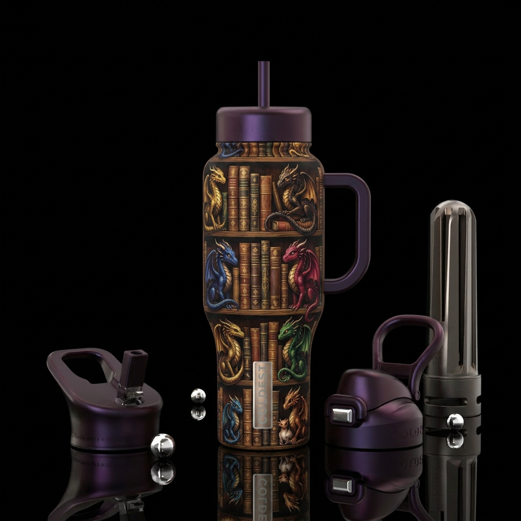 Books on a book shelves,  little dragons on the sh... water bottle design