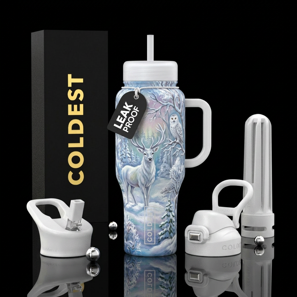 White deer, white owl , winter wonderland, beautiu... water bottle design