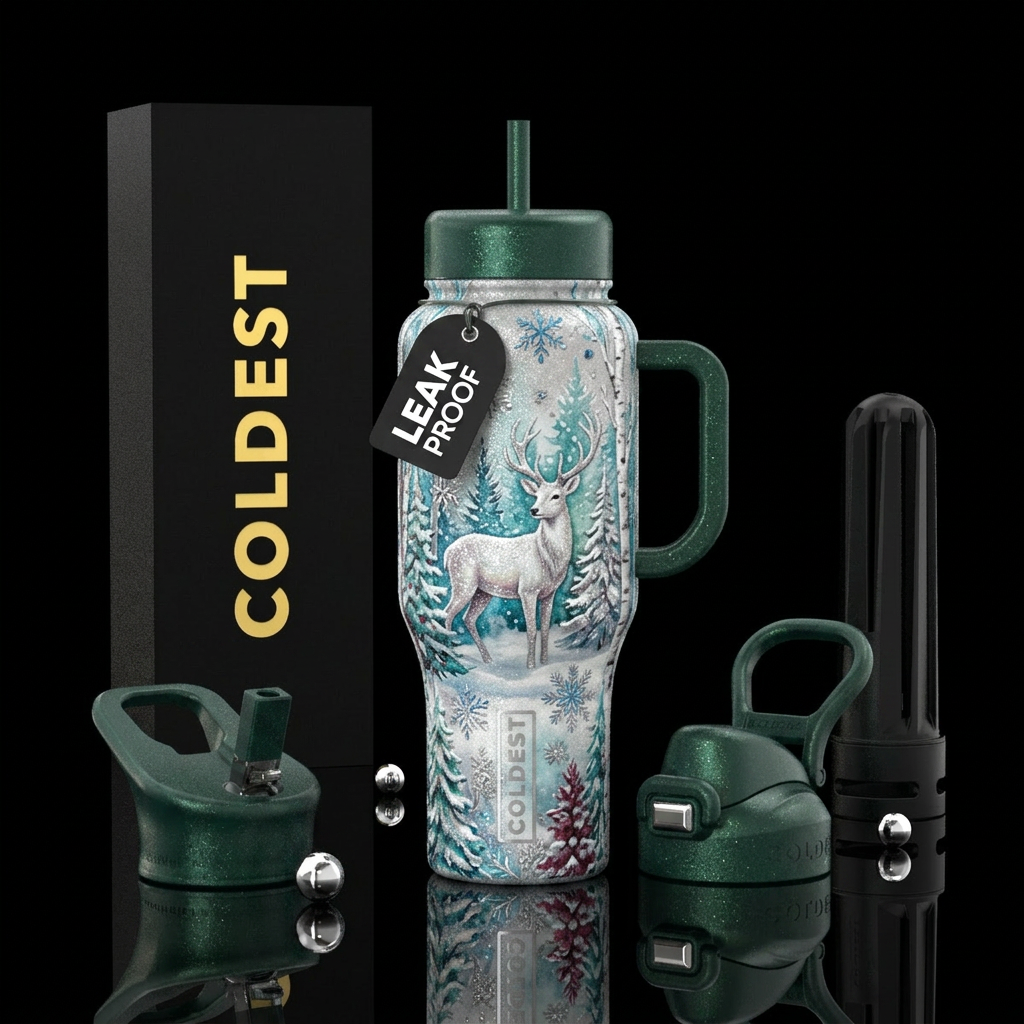 White deer, sparkly,  textured,  winter wonderland... water bottle design