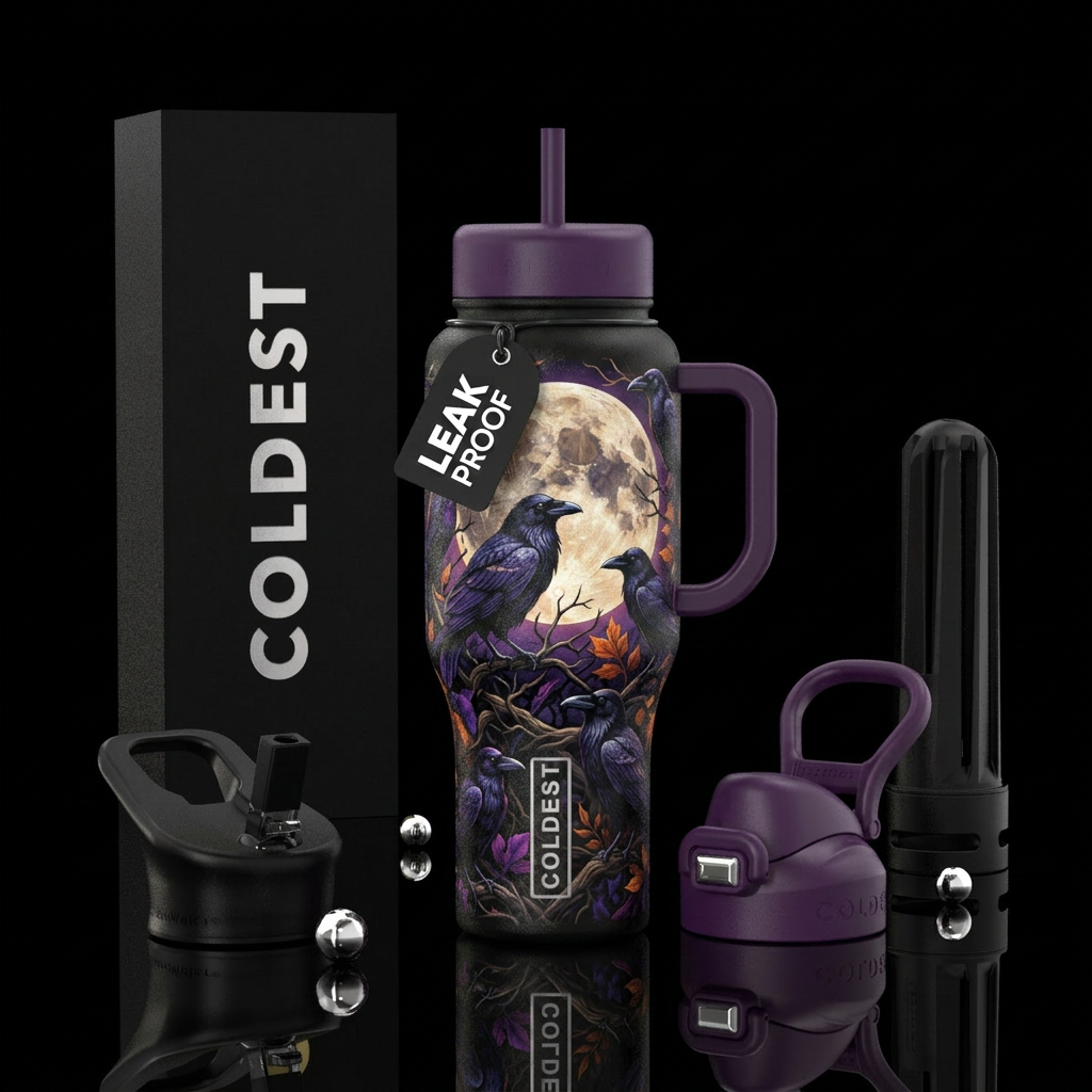 realism ravens,  full moon,  Halloween,  beautiul water bottle design
