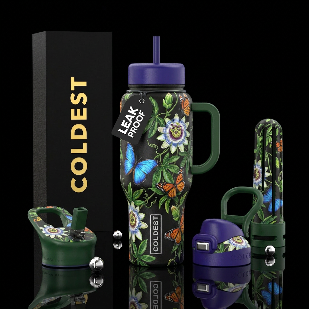 Passion Vines,  butterflies,, realism, vibrant, pa... water bottle design