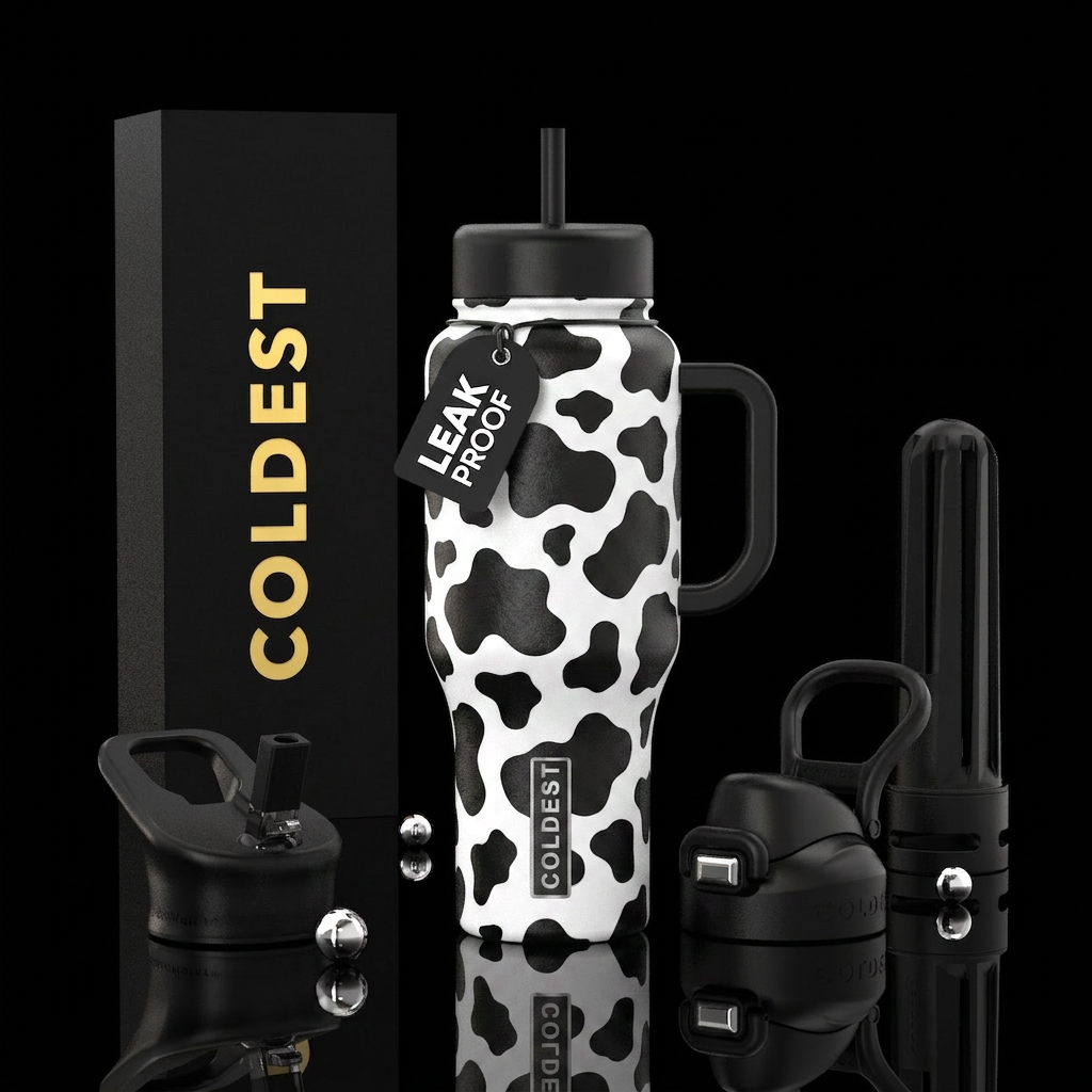 Cow print black and white water bottle design