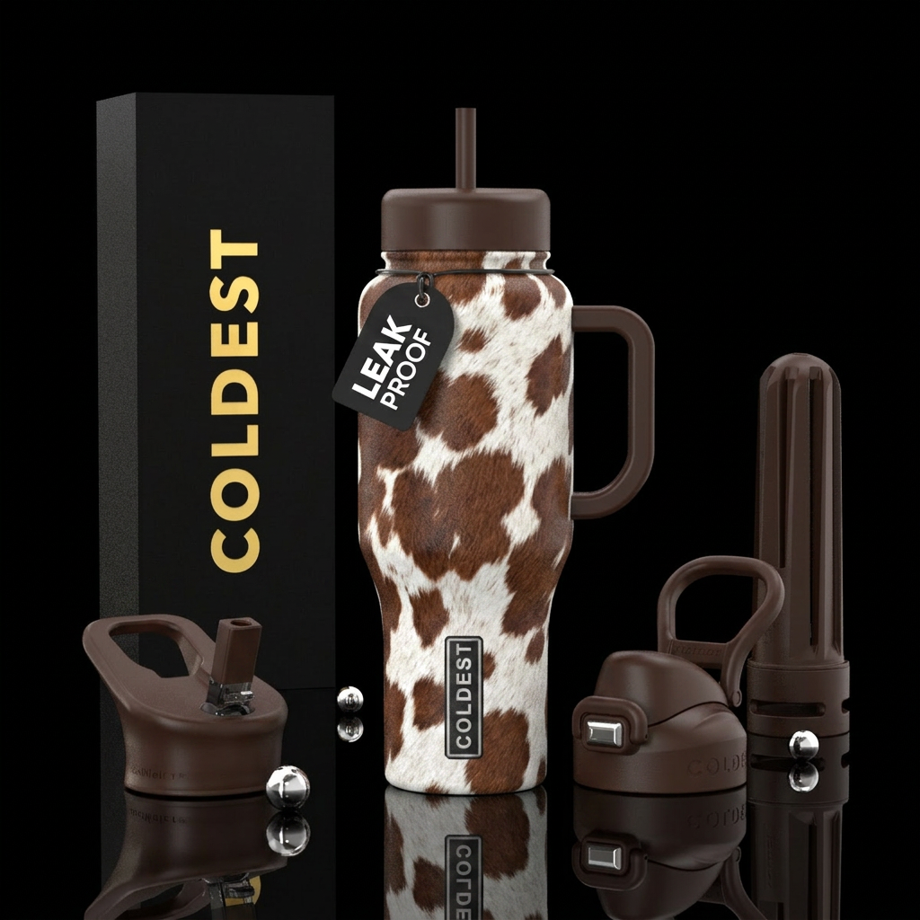 Cow print brown and white water bottle design