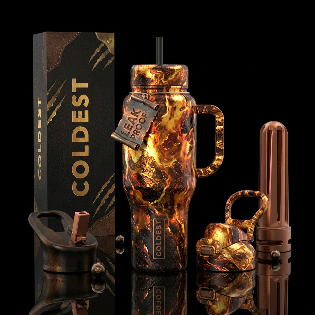 abstract, firery, rugged, explosive, fantasy water bottle design