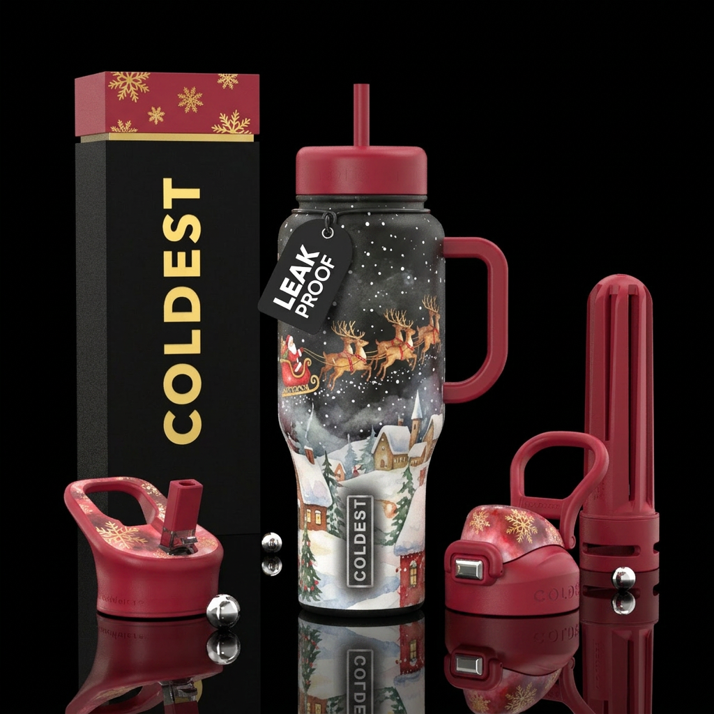 Christmas time,  snowy,  Santa sleigh on the rooft... water bottle design