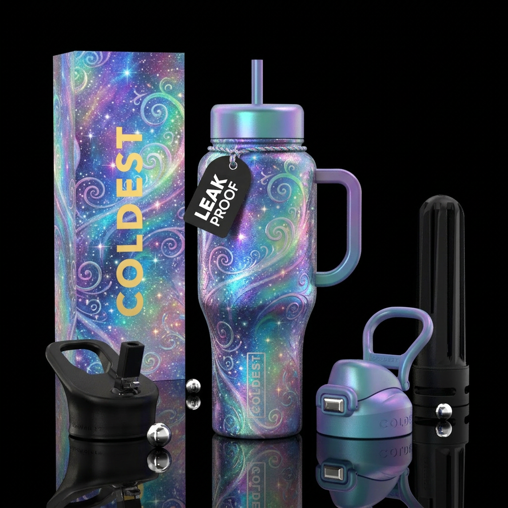 irridescent,  snowy,, swirls, sparkly, whimsical, ... water bottle design