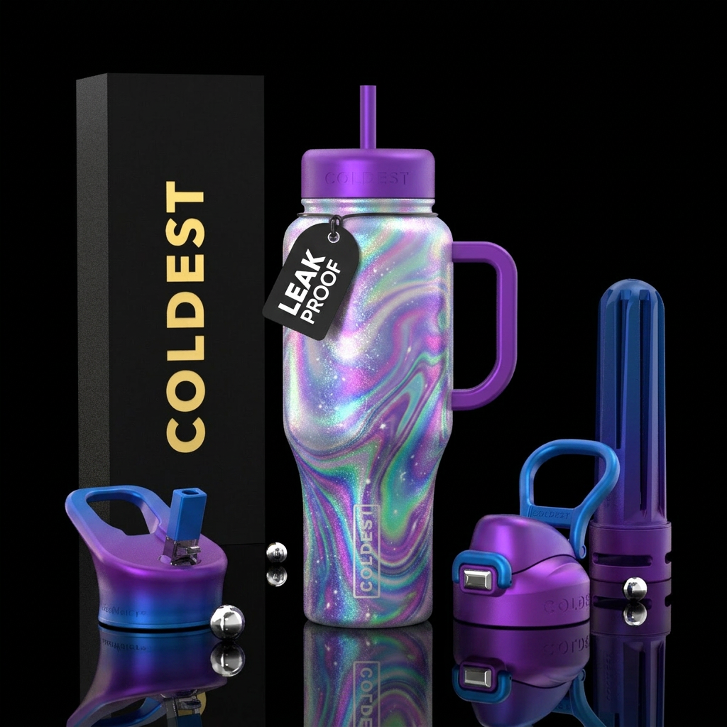 irridescent,  snowy,, swirls, sparkly, whimsical, ... water bottle design