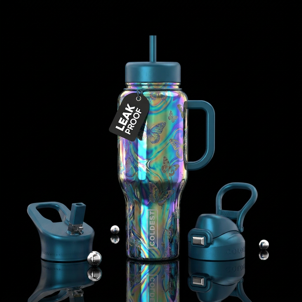 irridescent, butterfly, garden, luxurious, whimsic... water bottle design