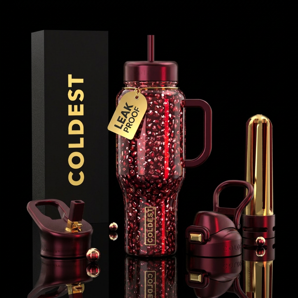 pomegranate, sparkly, shiny, luxurious on a black ... water bottle design