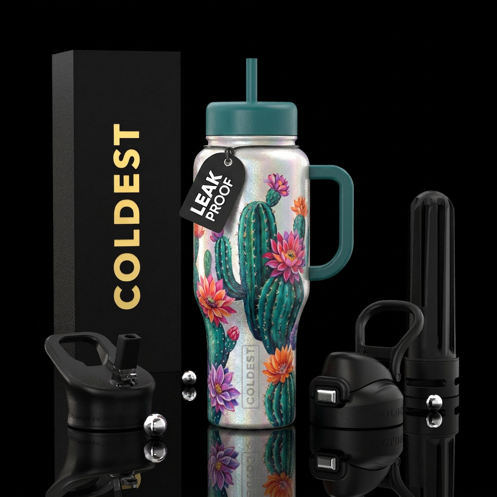 shimmer, cactus, flowers,, painting water bottle design