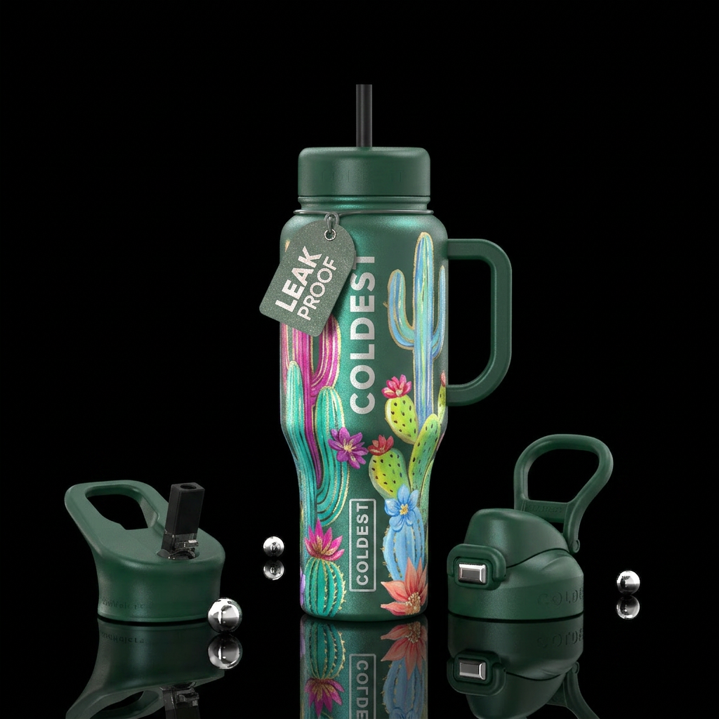 shimmer, cactus, flowers,, painting water bottle design