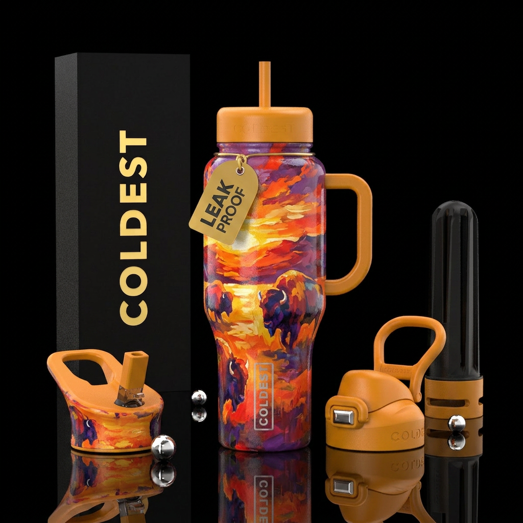 bison, artistic, painting, abstract, sunrise water bottle design