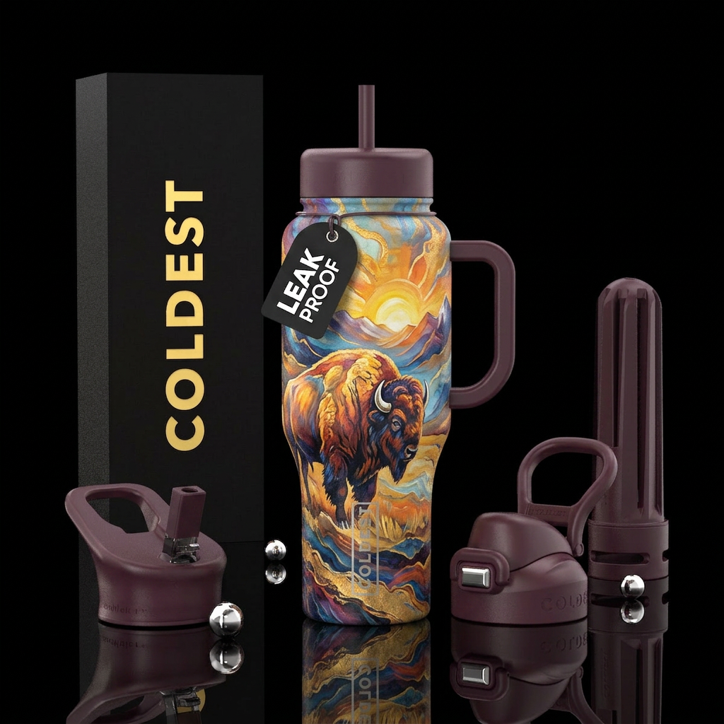bison, artistic, painting, abstract, sunrise water bottle design