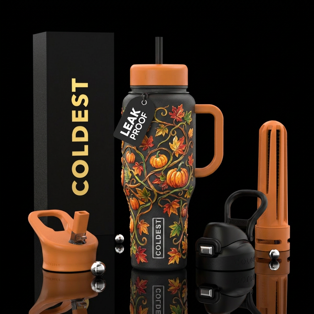 Vines with pumpkins and fall leaves,  texture pain... water bottle design