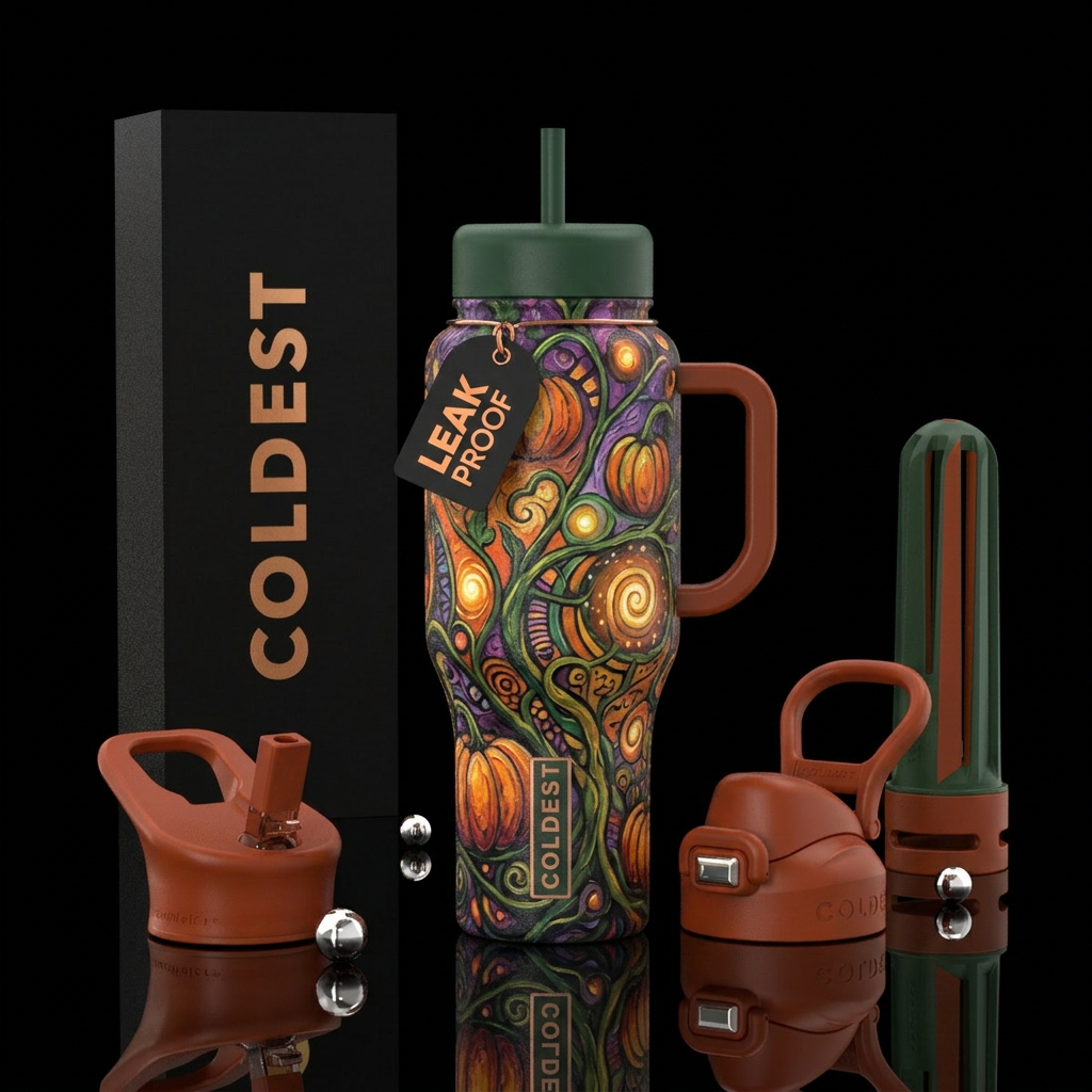 Vines,  pumpkins,, spirals, abstract, texture pain... water bottle design