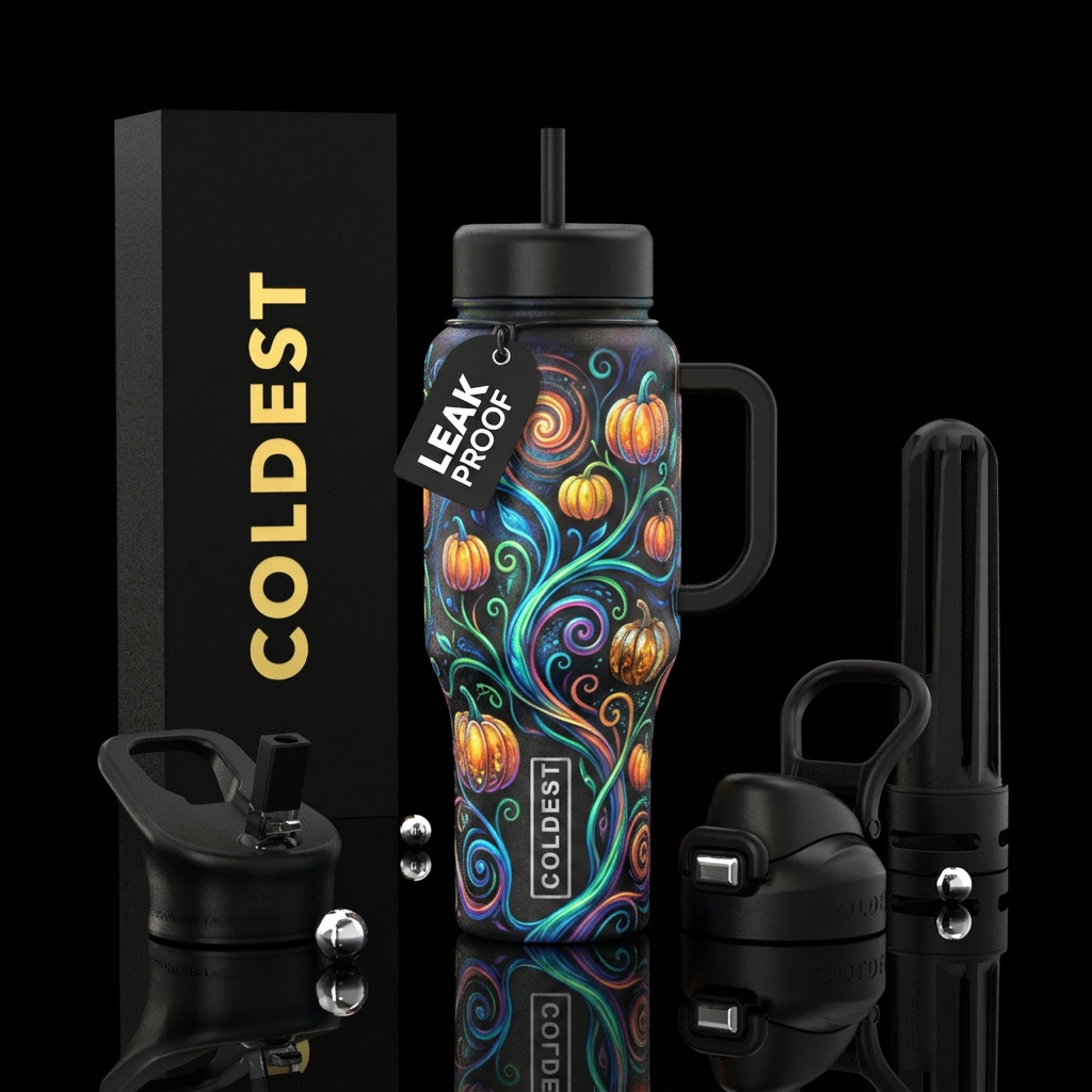 Vines,  pumpkins,  glowie,, fantasy, spirals, abst... water bottle design