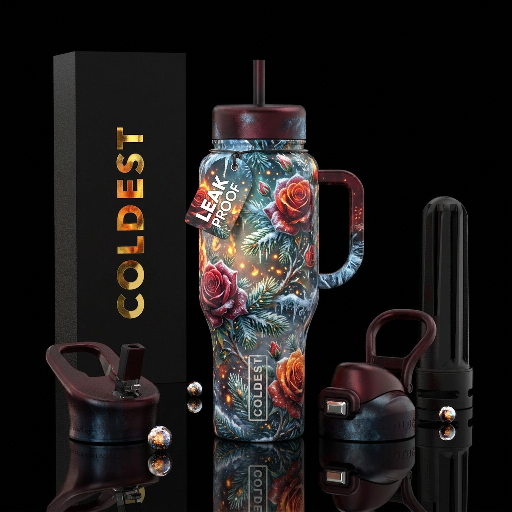 rose garden, wonderland , winter ,snowy, sparkly, ... water bottle design