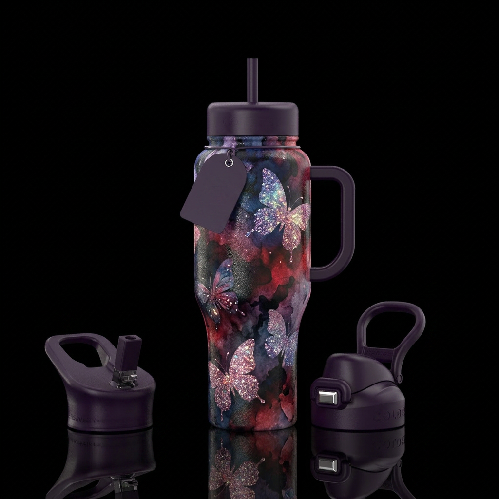 watercolor, abstract, butterfly, fantasy, darkness... water bottle design