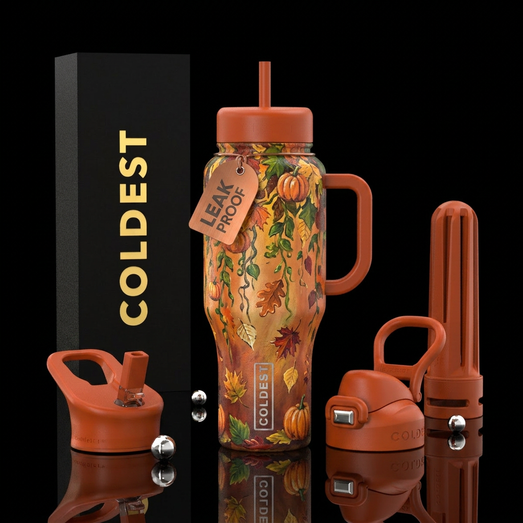 Vines dripping,  fall leaves,  pumpkins, artistic,... water bottle design