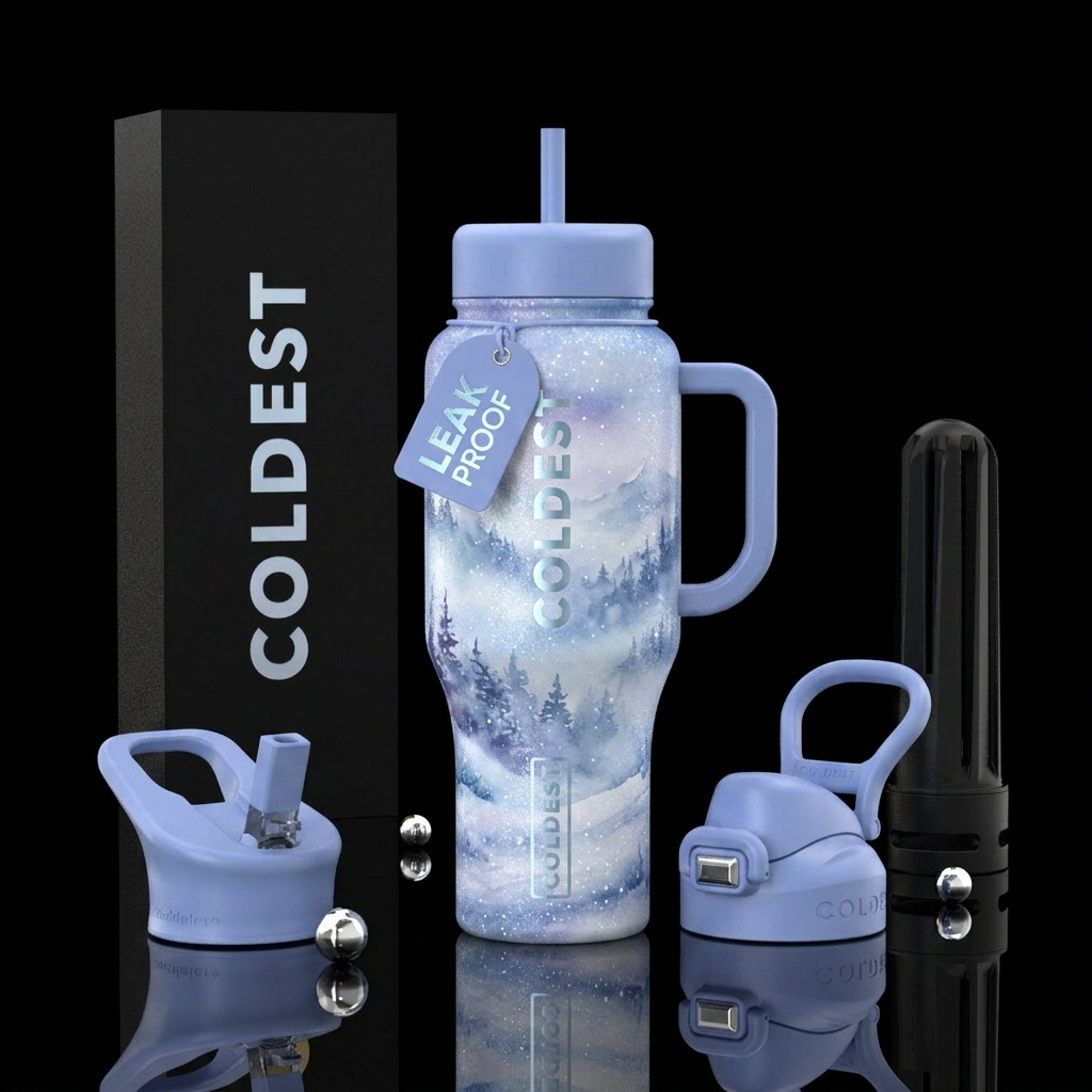 foggy morning, watercolor, sparkly, winter wonderl... water bottle design