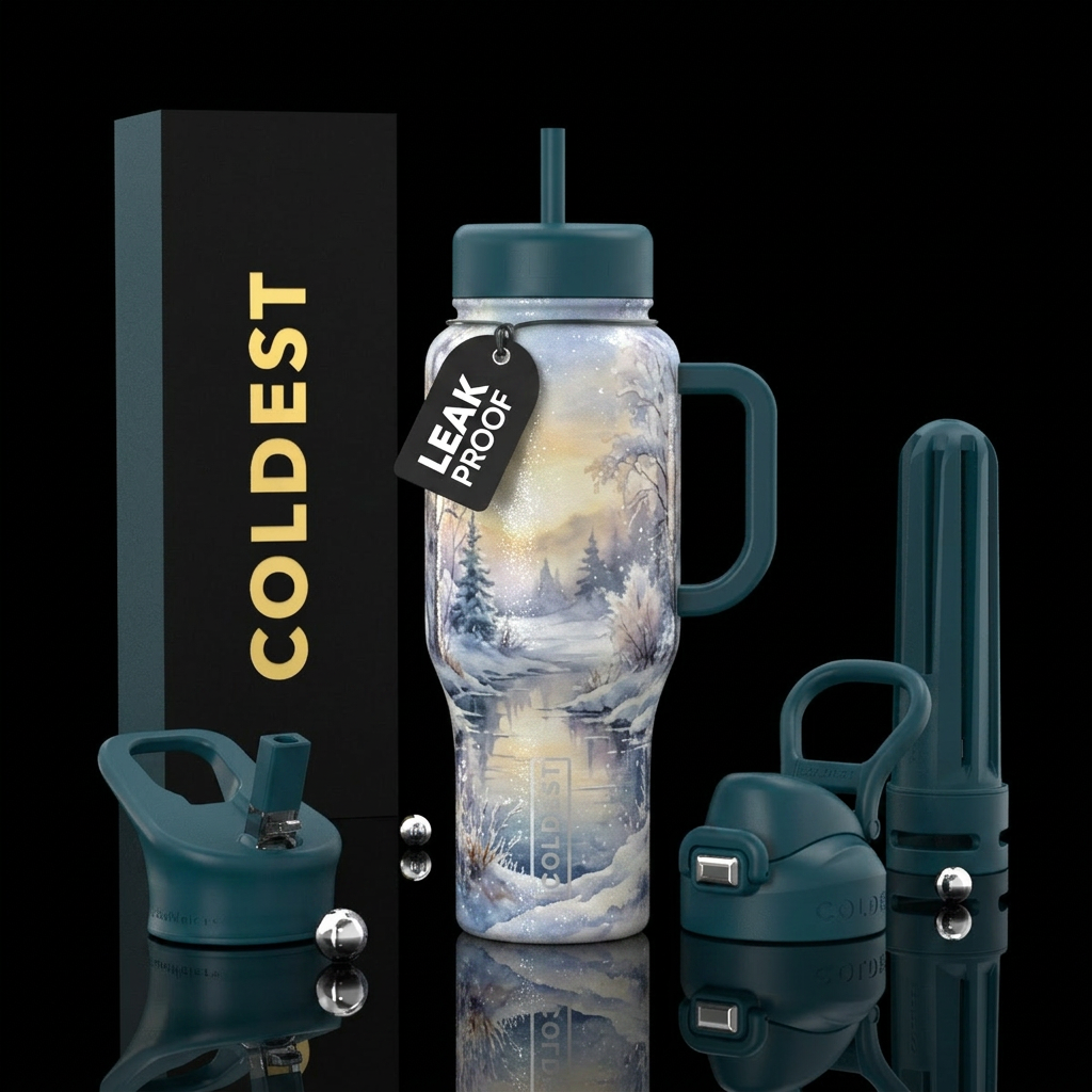 foggy morning, watercolor, sparkly, winter wonderl... water bottle design