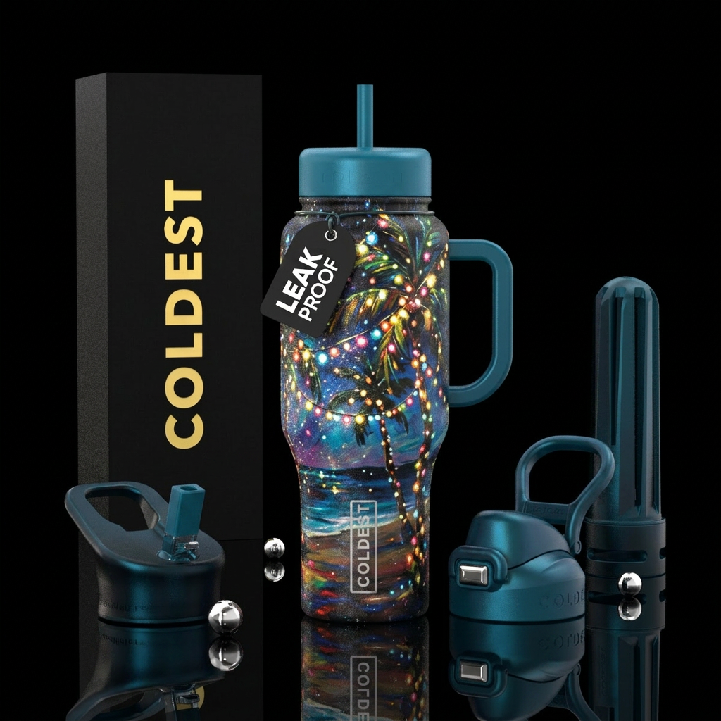 Christmas lights on a coconut tree on the beach at... water bottle design