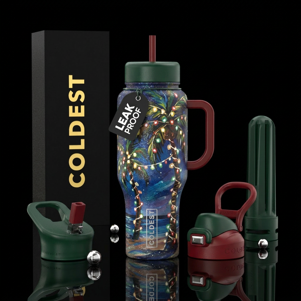 Christmas lights on a coconut tree on the beach at... water bottle design