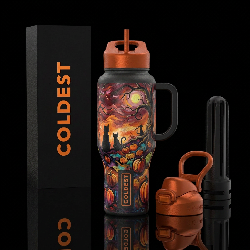 Black cat , Halloween,  pumpkin patch,  twilight, ... water bottle design