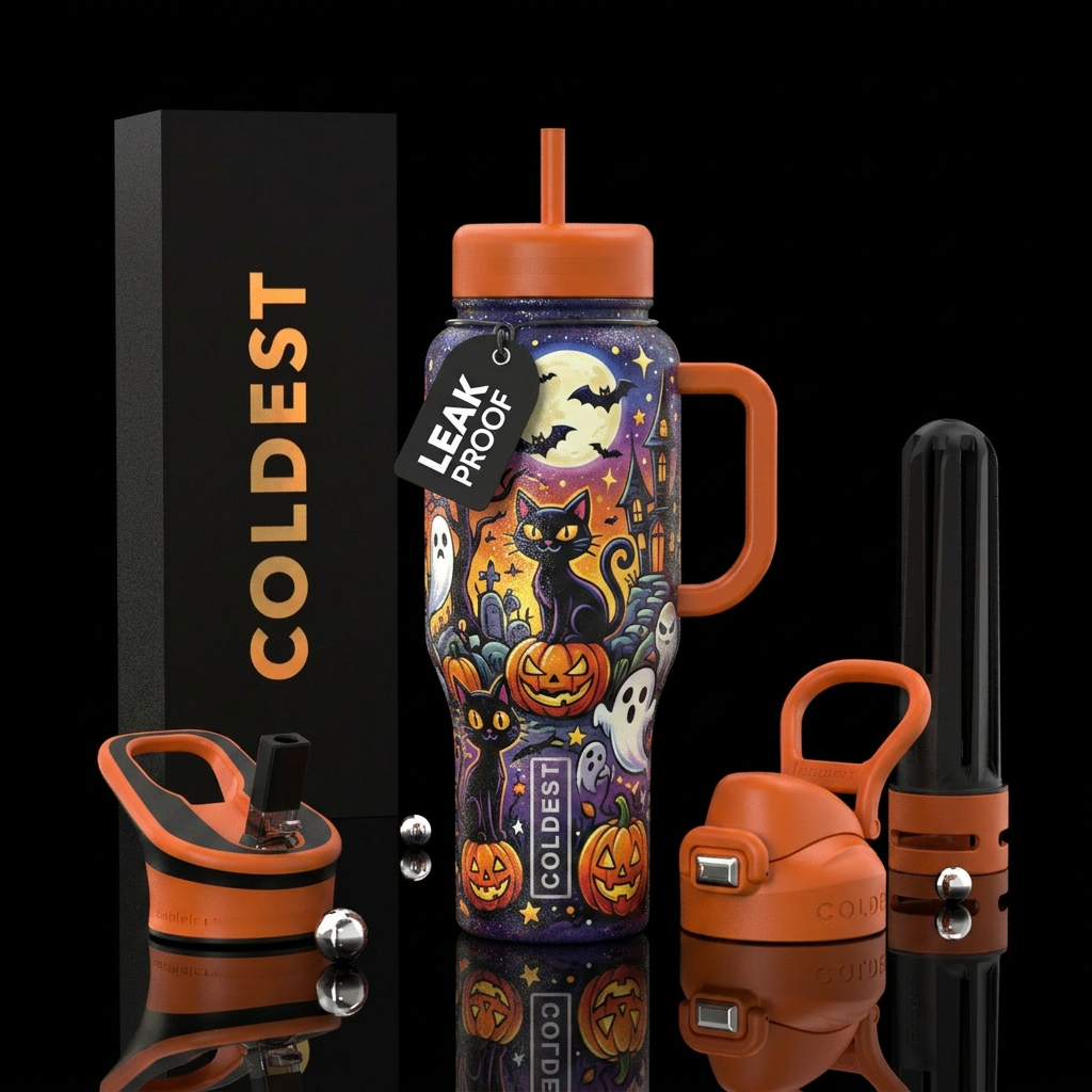 Black cat texture painting,  Halloween night, cart... water bottle design