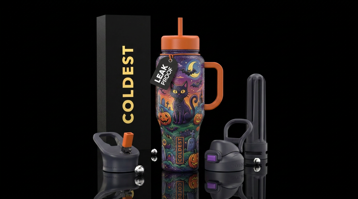 Black cat texture painting,  Halloween night, cart... water bottle design