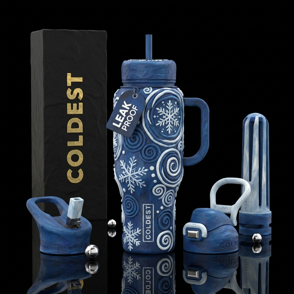 Clay texture painting,  snowflakes,  snowy,, beaut... water bottle design