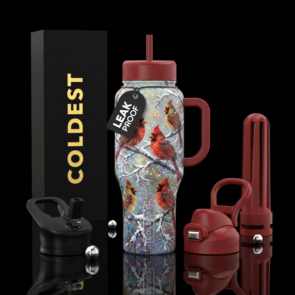Red and brown Cardinals  sitting on a tree branch,... water bottle design