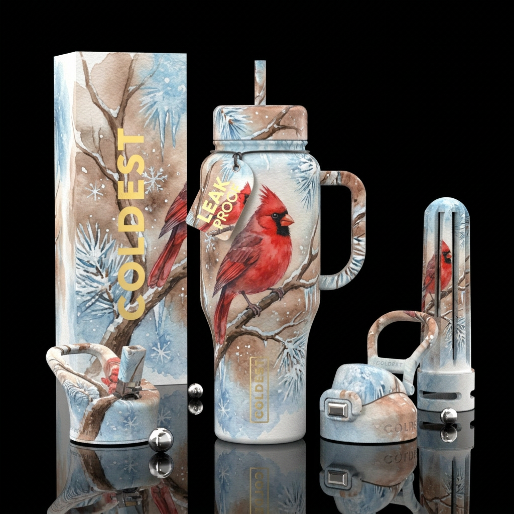watercolor, painting cardinal brown and red, winte... water bottle design
