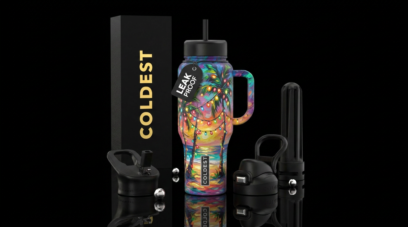 Palms trees with Christmas lights.  Beach,  glowie... water bottle design