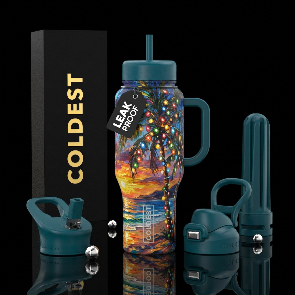 Palms trees with Christmas lights.  Beach,  glowie... water bottle design