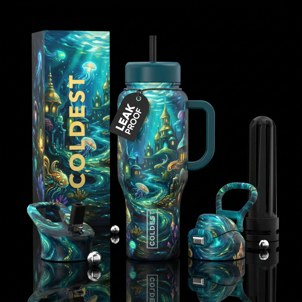 glowie under water city,, fantasy artistic, oil pa... water bottle design