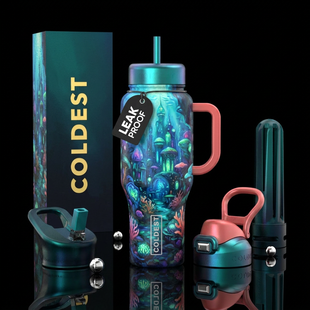 glowie under water city,, fantasy artistic, oil pa... water bottle design