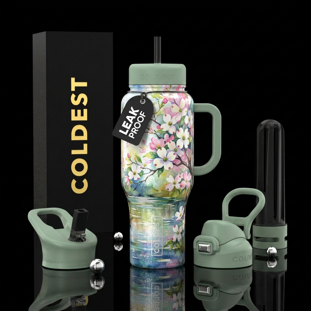 Dogwood trees blooming over a pond,  beautiul, spa... water bottle design