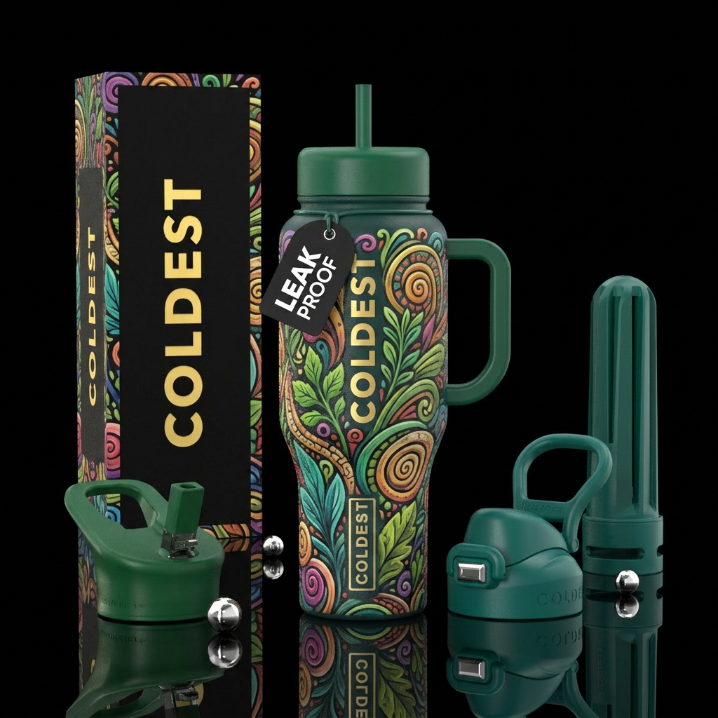 herbs, abstract, spirals, whimsical water bottle design