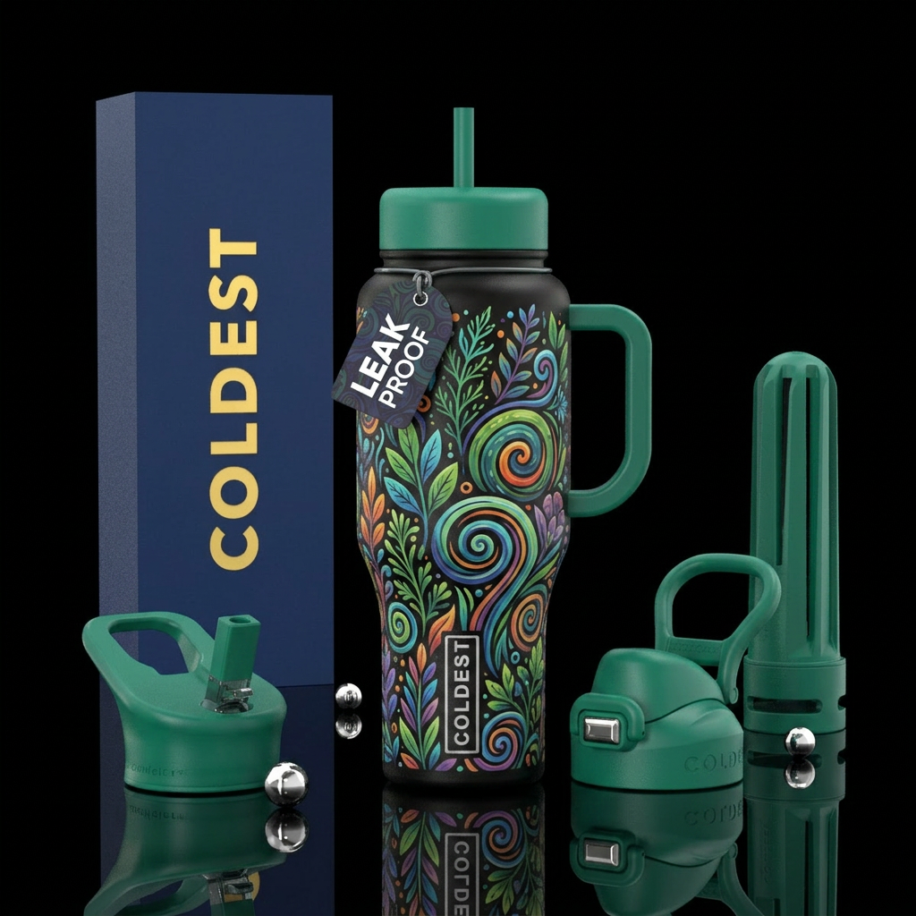 herbs, abstract, spirals, whimsical water bottle design