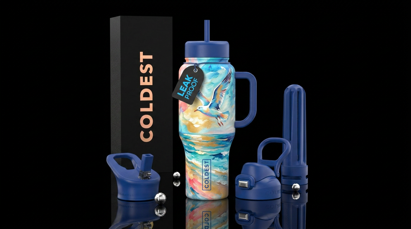 Seagull flying over the water beach, summer, artis... water bottle design
