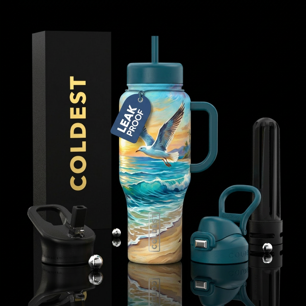 Seagull flying over the water beach, summer, artis... water bottle design