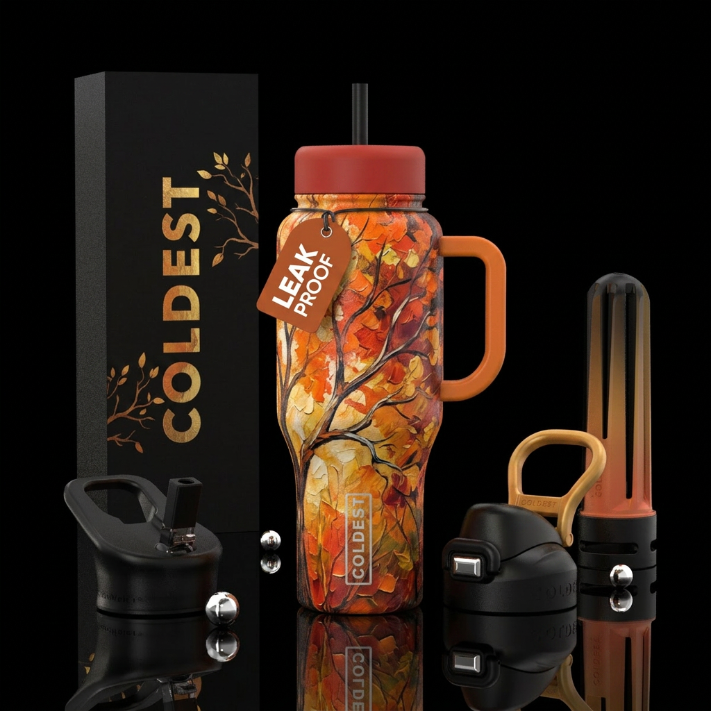 Tree texture painting fall colors,, artistic, abst... water bottle design