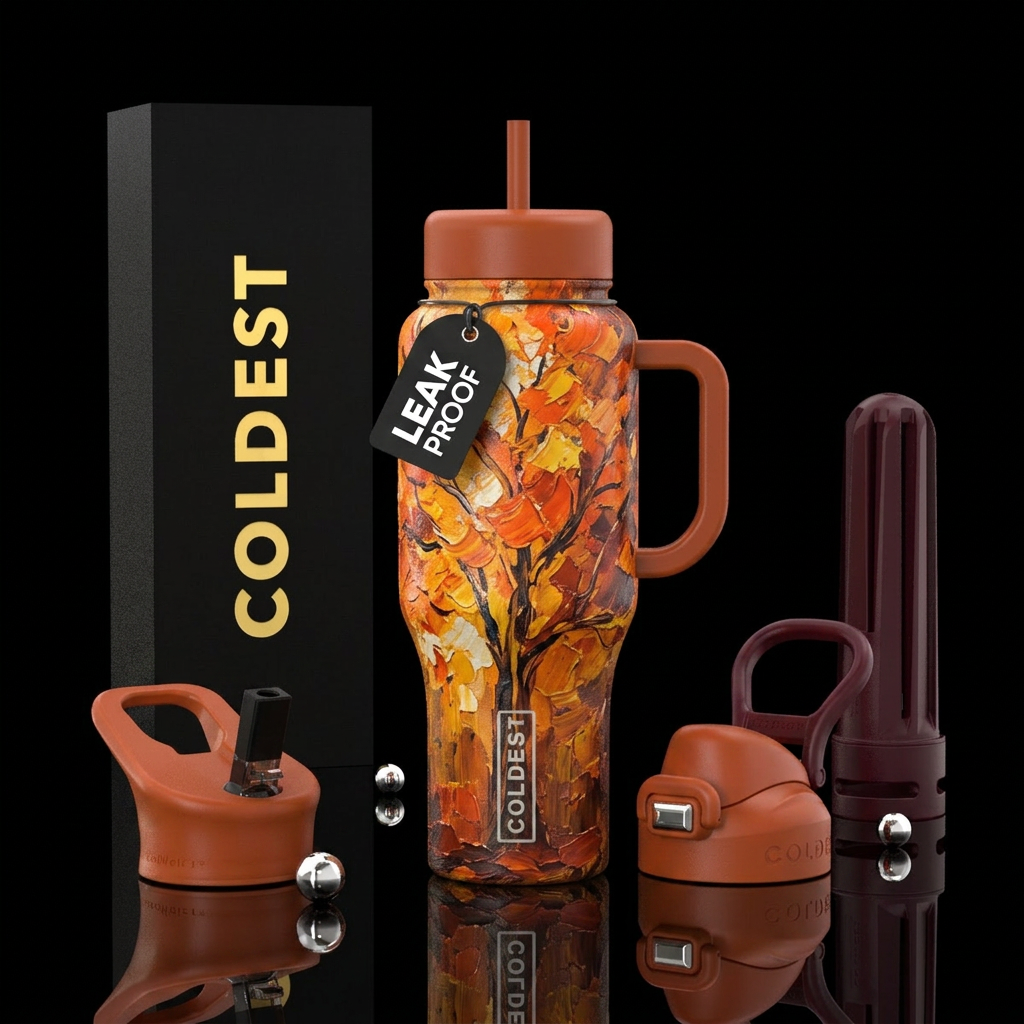Tree texture painting fall colors,, artistic, abst... water bottle design
