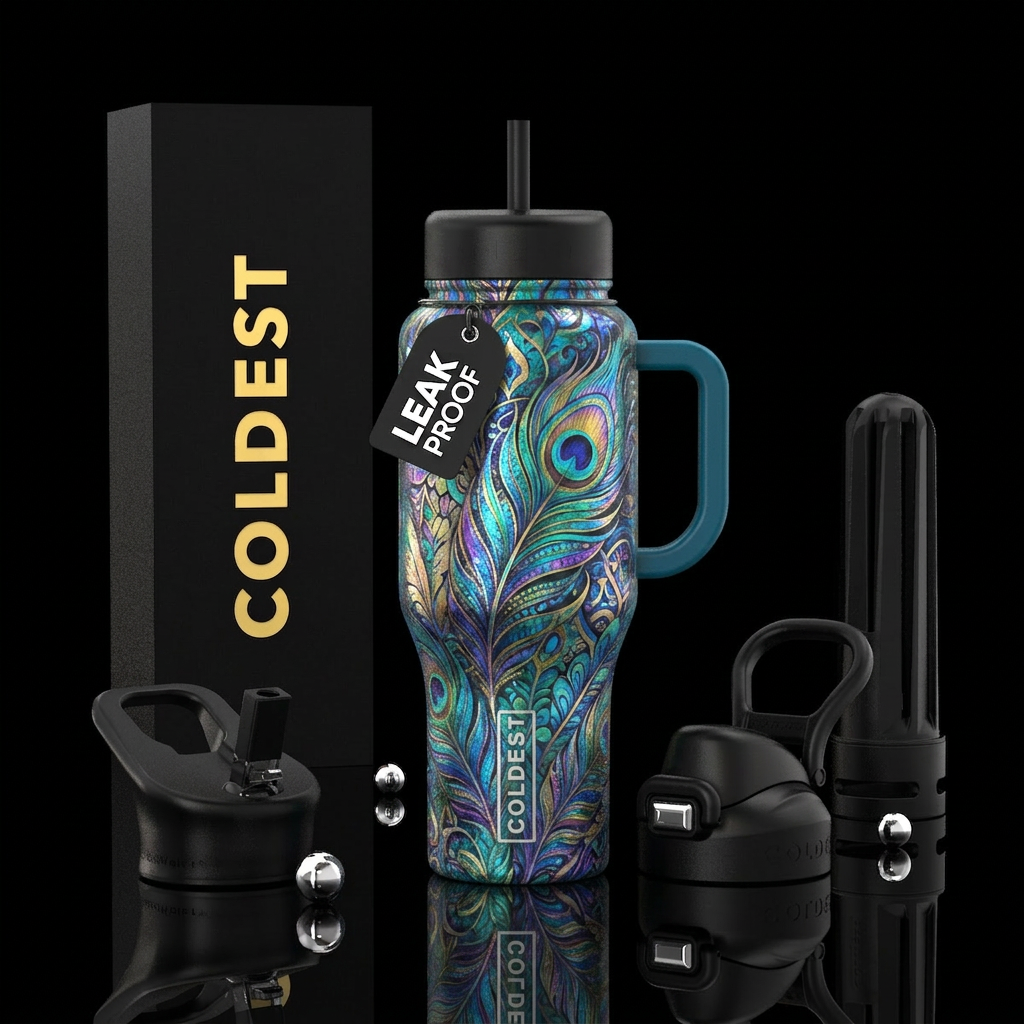 turkish, feathers, beautiul, irridescent,  abstrac... water bottle design